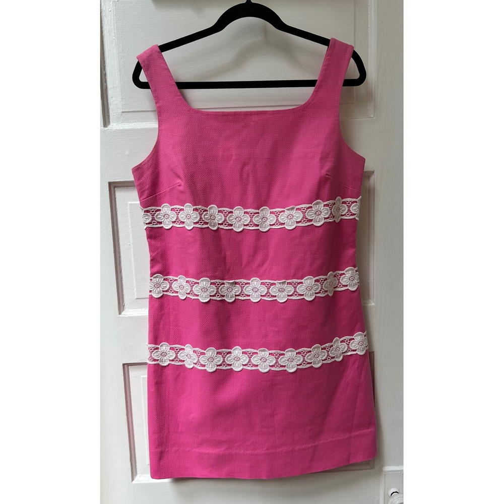 Lilly Pulitzer Pink Pique Floral Lace Trim Shift Dress Size 10